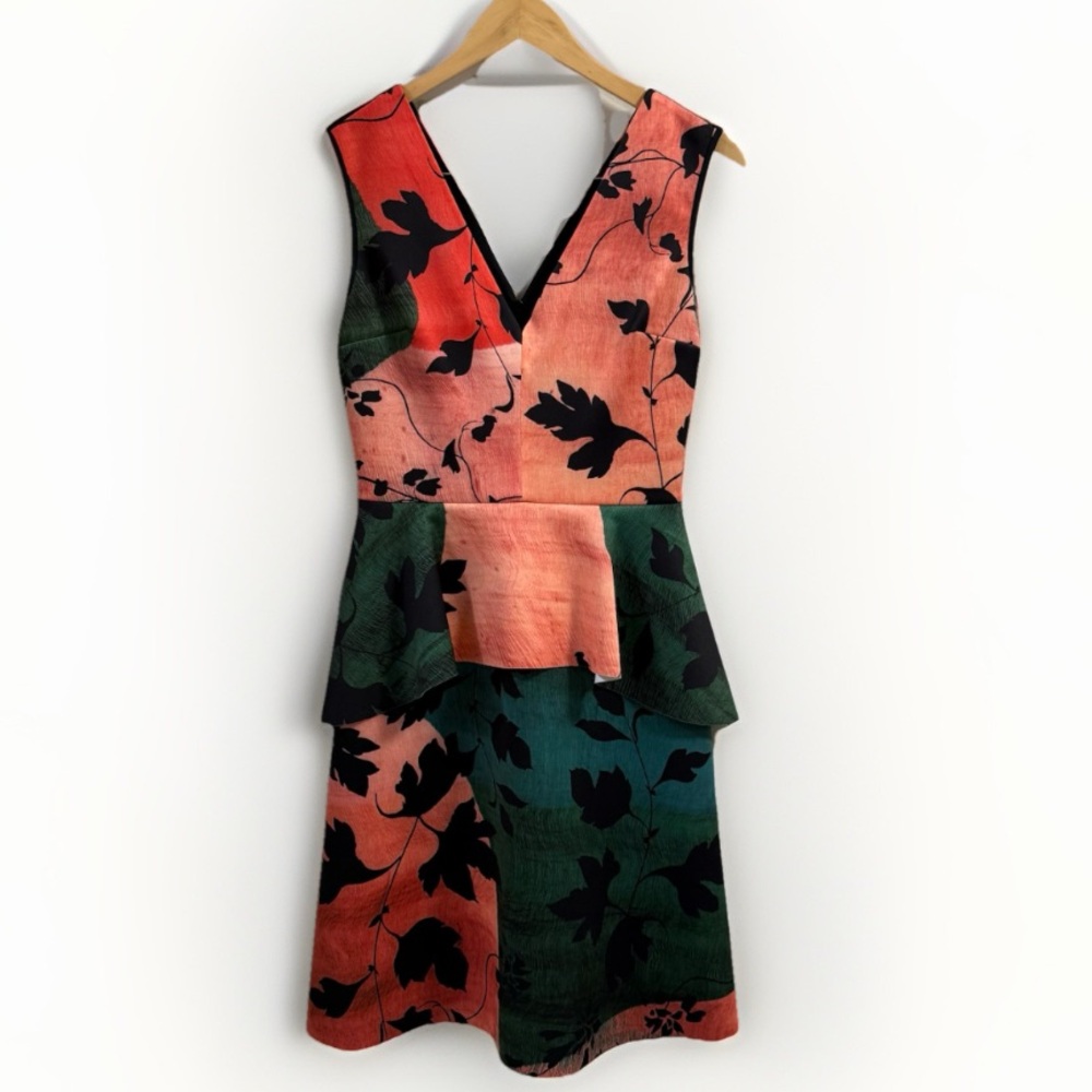 Clover Canyon A-Line Peplum Waist Dress Medium Neoprene Leaf Print Peach Green
